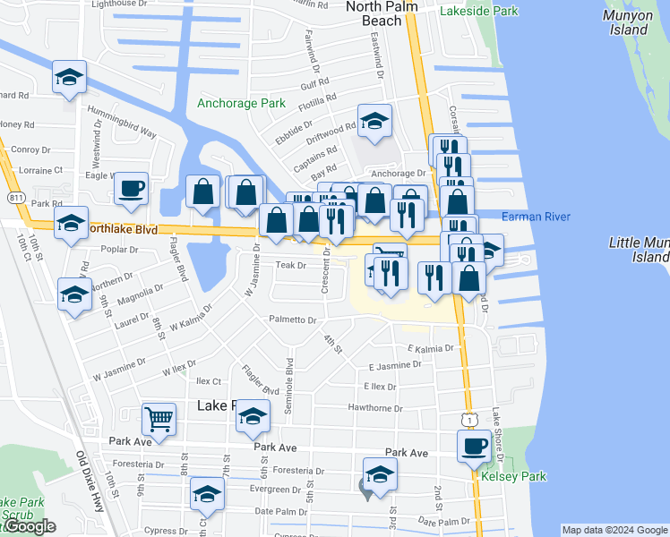 map of restaurants, bars, coffee shops, grocery stores, and more near 1501 Crescent Circle in Lake Park