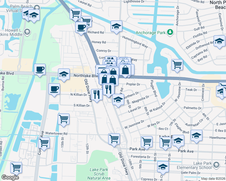 map of restaurants, bars, coffee shops, grocery stores, and more near 1409 10th Street in Lake Park