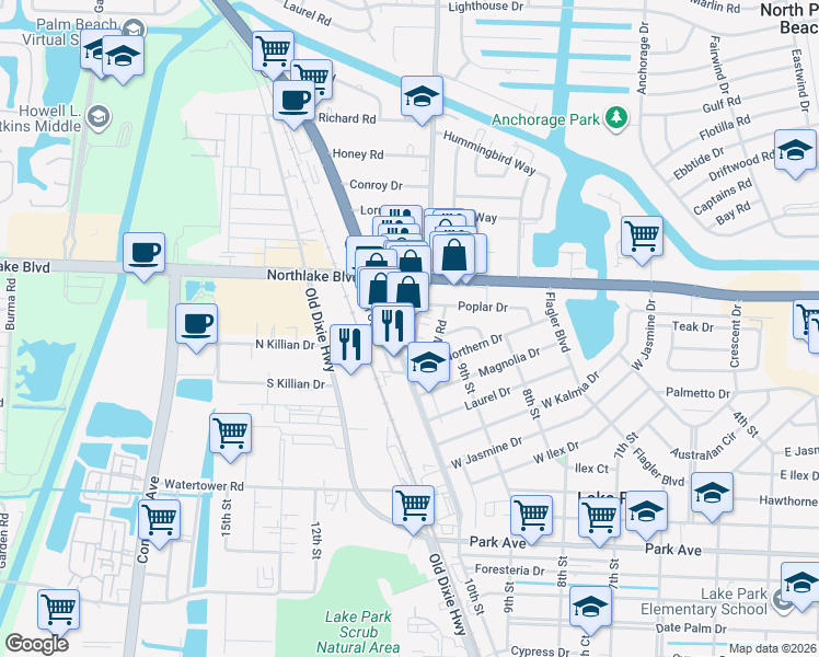 map of restaurants, bars, coffee shops, grocery stores, and more near 1409 10th Street in Lake Park