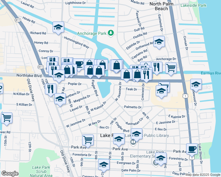 map of restaurants, bars, coffee shops, grocery stores, and more near 531 West Kalmia Drive in West Palm Beach