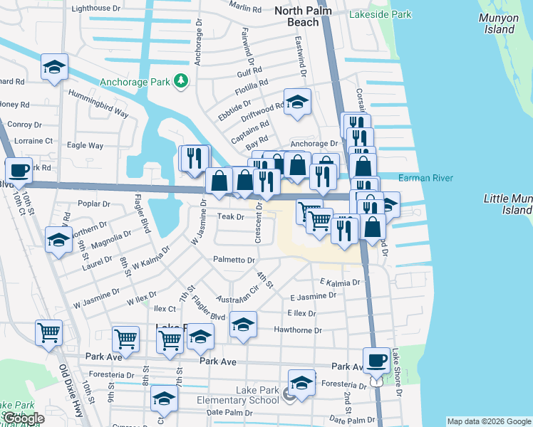 map of restaurants, bars, coffee shops, grocery stores, and more near 1501 Crescent Circle in Lake Park