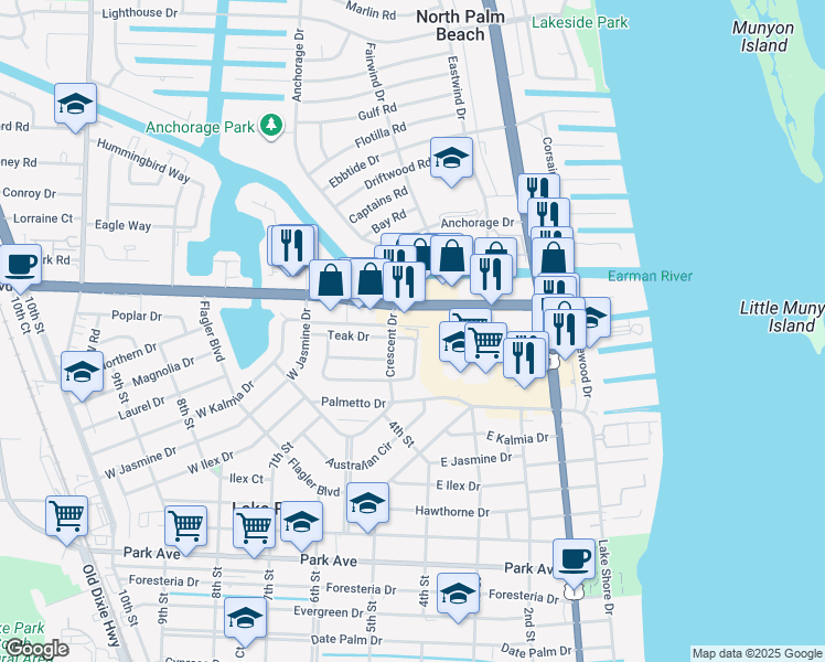map of restaurants, bars, coffee shops, grocery stores, and more near 1505 Crescent Circle in West Palm Beach