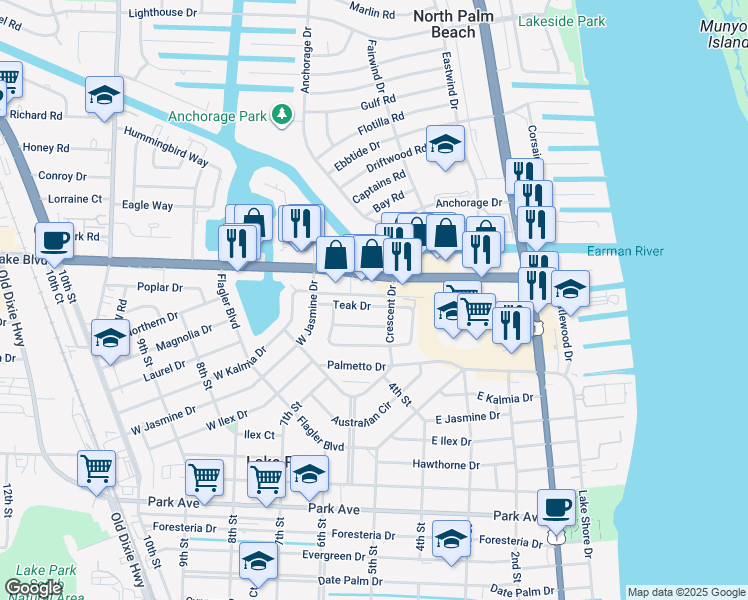 map of restaurants, bars, coffee shops, grocery stores, and more near 515 Teak Drive in West Palm Beach