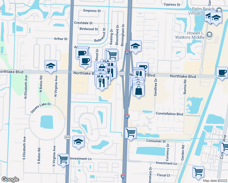 map of restaurants, bars, coffee shops, grocery stores, and more near 8845 Sunset Drive in Palm Beach Gardens