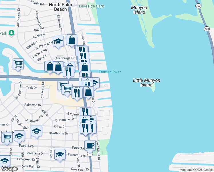 map of restaurants, bars, coffee shops, grocery stores, and more near 100 Doolen Court in North Palm Beach