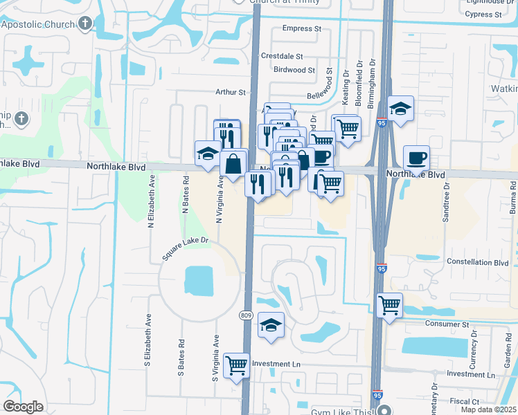 map of restaurants, bars, coffee shops, grocery stores, and more near 8900 North Military Trail in West Palm Beach