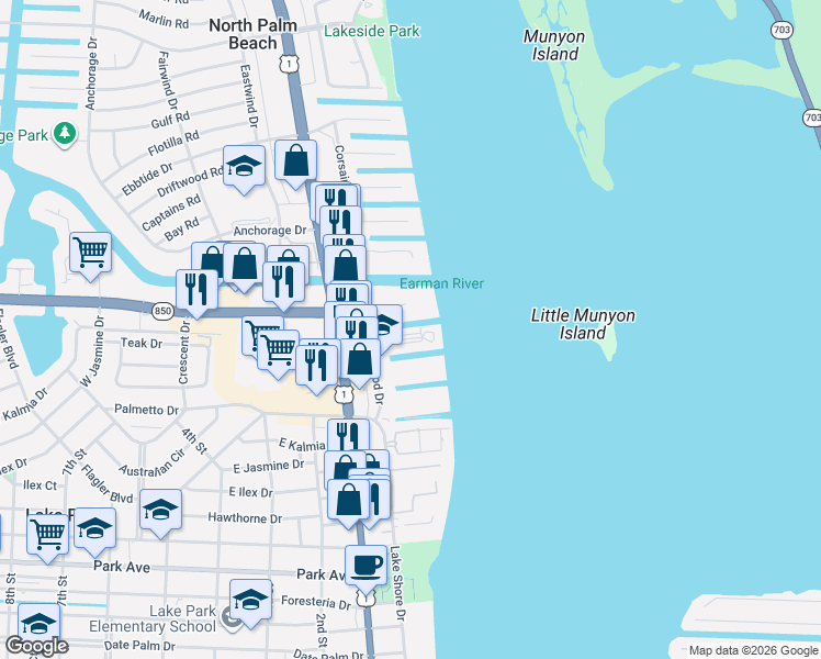 map of restaurants, bars, coffee shops, grocery stores, and more near 130 Doolen Court in North Palm Beach