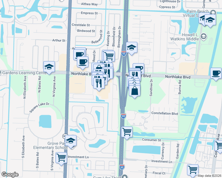 map of restaurants, bars, coffee shops, grocery stores, and more near 8845 Sunset Drive in Palm Beach Gardens