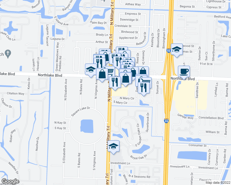 map of restaurants, bars, coffee shops, grocery stores, and more near 8910 North Military Trail in Palm Beach Gardens