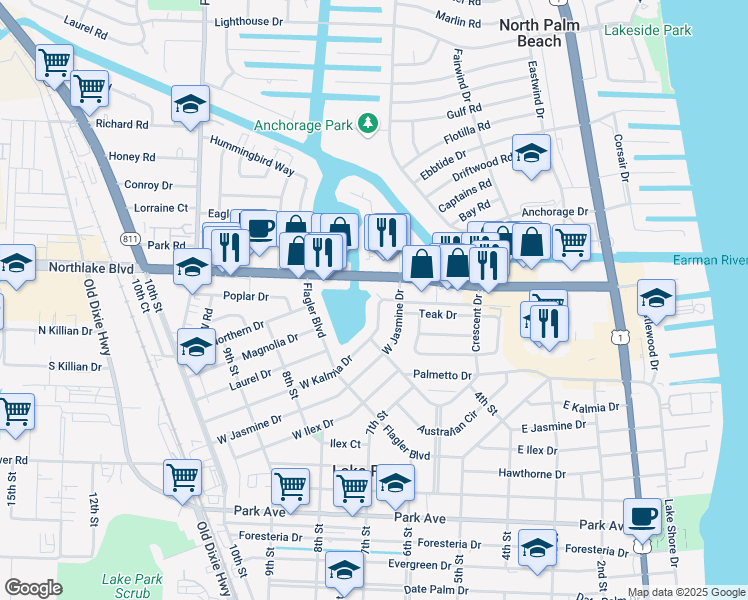 map of restaurants, bars, coffee shops, grocery stores, and more near 519 West Kalmia Drive in West Palm Beach