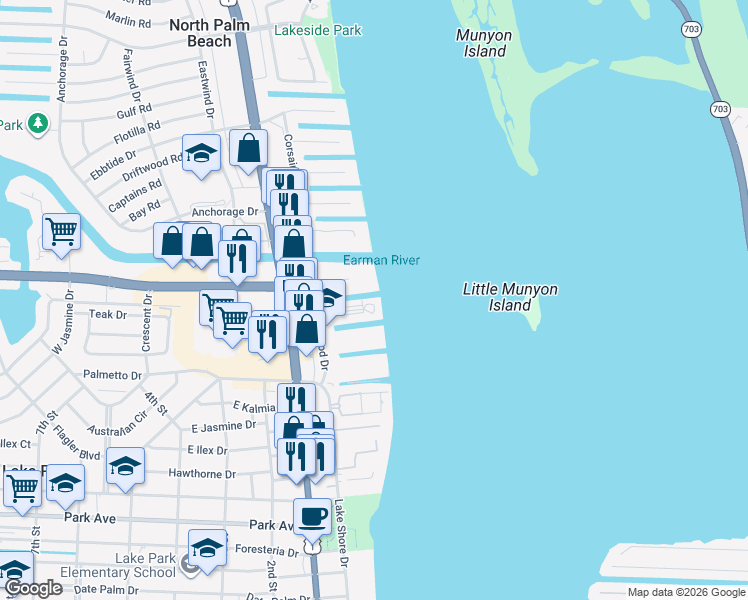 map of restaurants, bars, coffee shops, grocery stores, and more near 101 Doolen Court in North Palm Beach