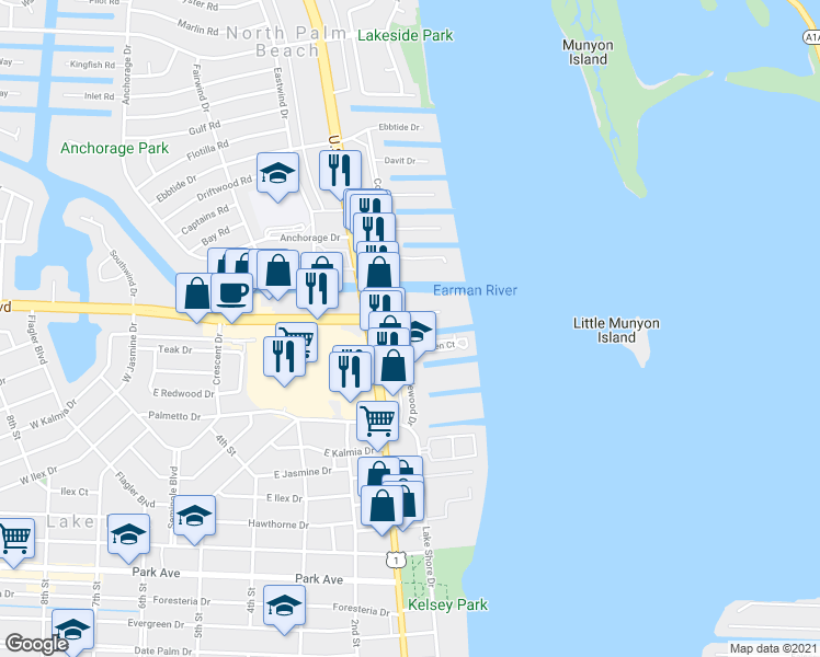 map of restaurants, bars, coffee shops, grocery stores, and more near 236 Castlewood Drive in North Palm Beach