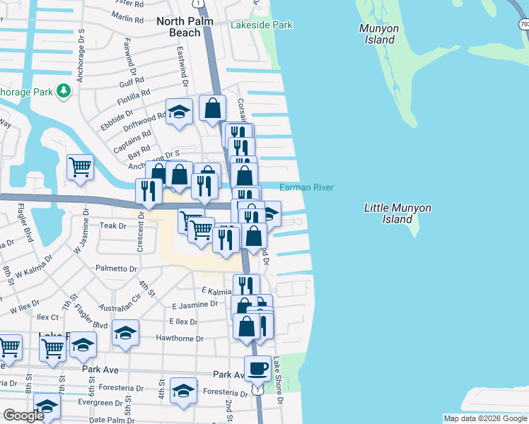 map of restaurants, bars, coffee shops, grocery stores, and more near 236 Castlewood Drive in North Palm Beach