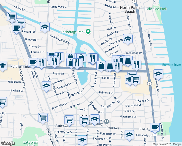 map of restaurants, bars, coffee shops, grocery stores, and more near 510 West Kalmia Drive in Lake Park