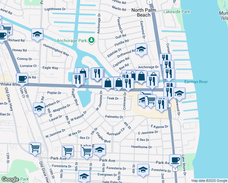 map of restaurants, bars, coffee shops, grocery stores, and more near 515 Teak Drive in West Palm Beach