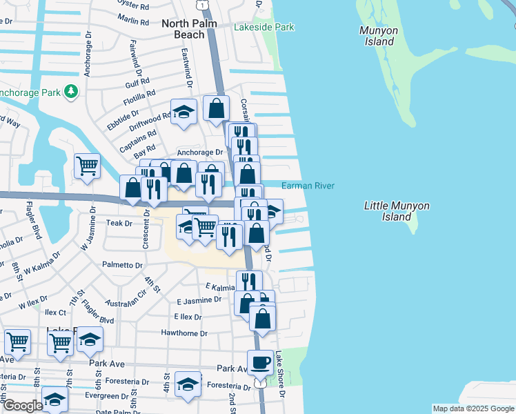 map of restaurants, bars, coffee shops, grocery stores, and more near 216 U.S. 1 in North Palm Beach