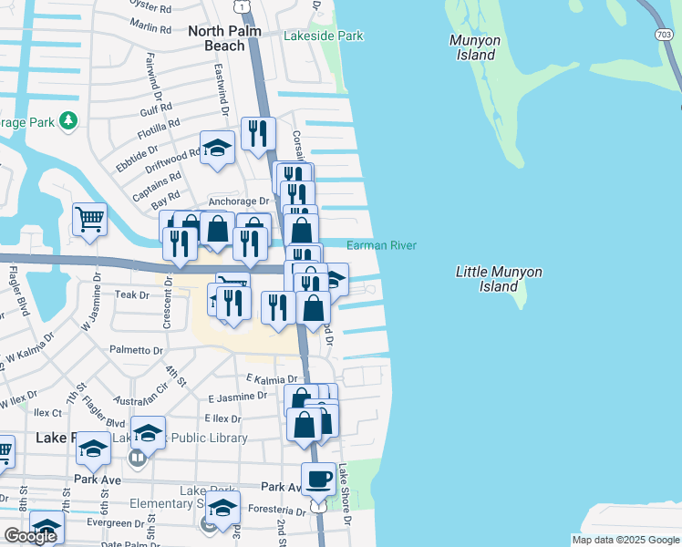 map of restaurants, bars, coffee shops, grocery stores, and more near 124 Shore Court in North Palm Beach