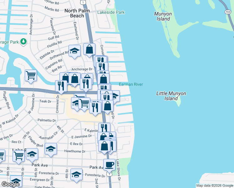 map of restaurants, bars, coffee shops, grocery stores, and more near 124 Shore Court in North Palm Beach