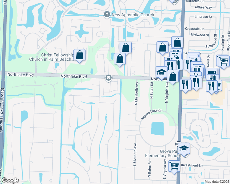 map of restaurants, bars, coffee shops, grocery stores, and more near 112 Hidden Hollow Drive in Palm Beach Gardens