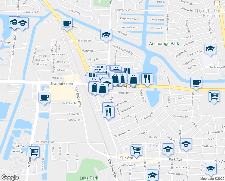 map of restaurants, bars, coffee shops, grocery stores, and more near 941 Poplar Drive in West Palm Beach