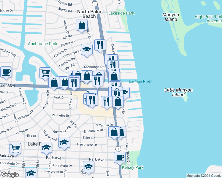 map of restaurants, bars, coffee shops, grocery stores, and more near 309 Northlake Boulevard in North Palm Beach