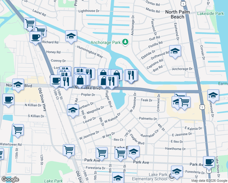 map of restaurants, bars, coffee shops, grocery stores, and more near in Lake Park