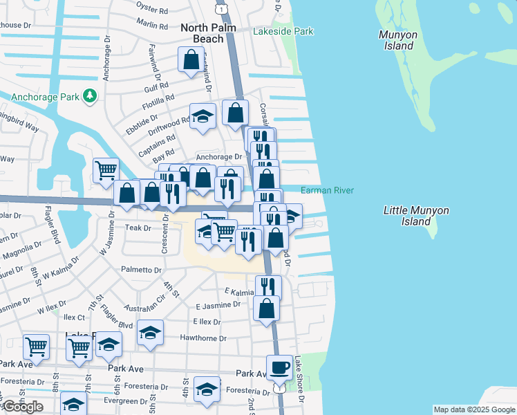 map of restaurants, bars, coffee shops, grocery stores, and more near U.S. 1 & Northlake Blvd in North Palm Beach
