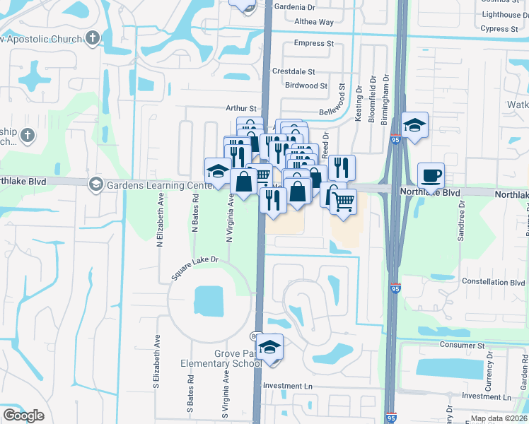 map of restaurants, bars, coffee shops, grocery stores, and more near 8912 North Military Trail in Palm Beach Gardens