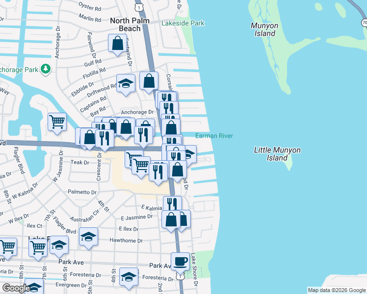 map of restaurants, bars, coffee shops, grocery stores, and more near Shore Court in North Palm Beach