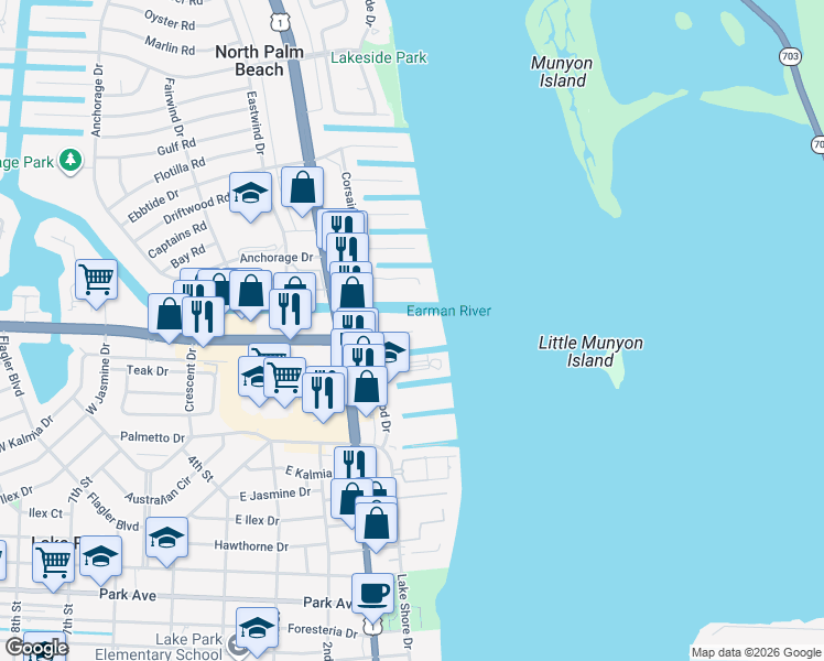 map of restaurants, bars, coffee shops, grocery stores, and more near 125 Shore Court in North Palm Beach