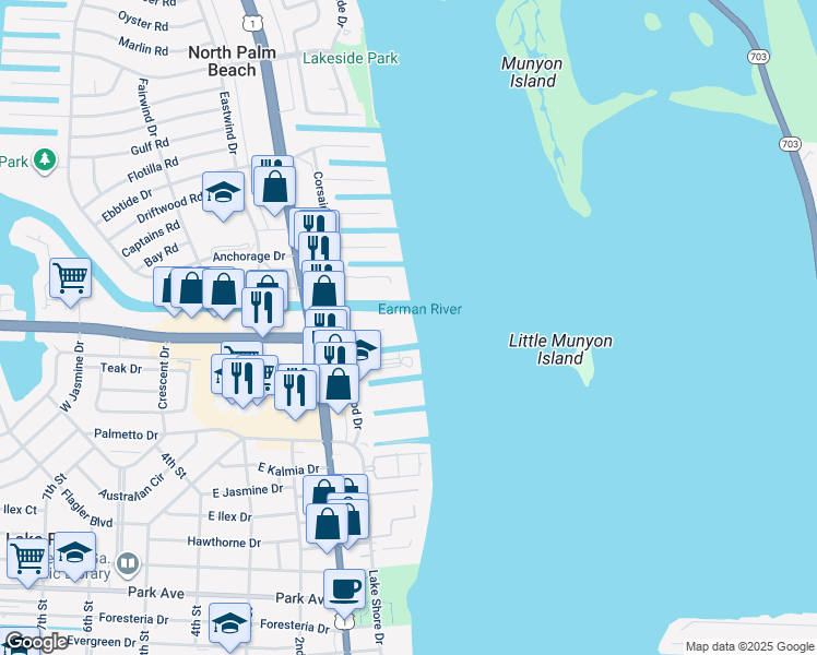 map of restaurants, bars, coffee shops, grocery stores, and more near 110 Shore Court in North Palm Beach
