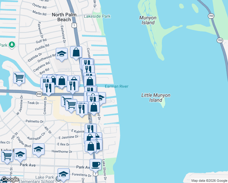 map of restaurants, bars, coffee shops, grocery stores, and more near 100 Shore Court in North Palm Beach