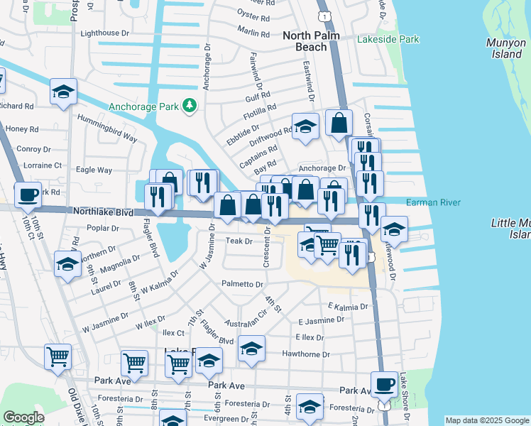 map of restaurants, bars, coffee shops, grocery stores, and more near 525 Northlake Boulevard in North Palm Beach