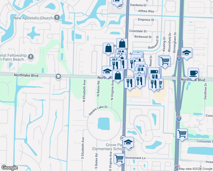 map of restaurants, bars, coffee shops, grocery stores, and more near 4850 Northlake Boulevard in Palm Beach Gardens