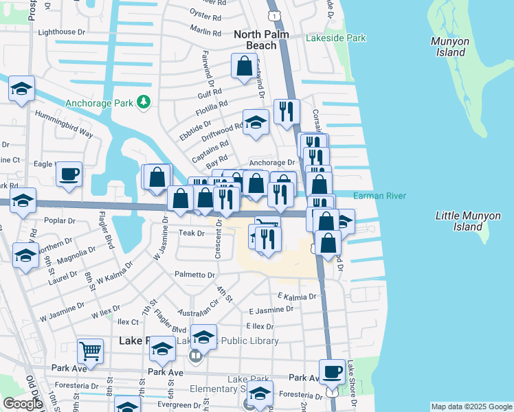 map of restaurants, bars, coffee shops, grocery stores, and more near 421 Northlake Boulevard in North Palm Beach
