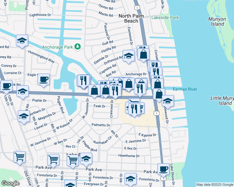 map of restaurants, bars, coffee shops, grocery stores, and more near 505 Northlake Boulevard in North Palm Beach