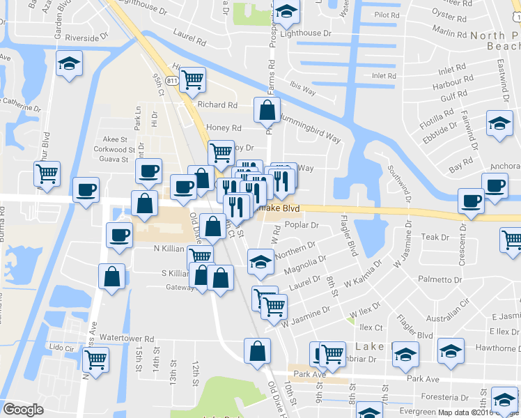 map of restaurants, bars, coffee shops, grocery stores, and more near 2672 Northlake Boulevard in Lake Park