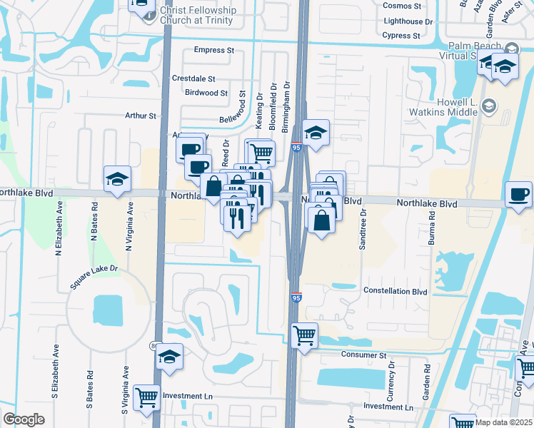 map of restaurants, bars, coffee shops, grocery stores, and more near 8955 Sunset Drive in Palm Beach Gardens
