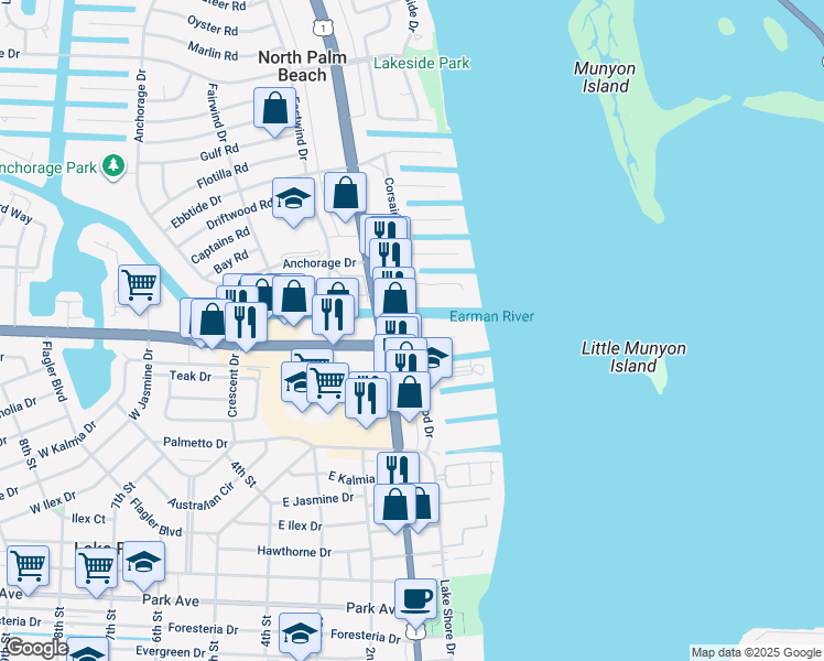 map of restaurants, bars, coffee shops, grocery stores, and more near 139 Shore Court in North Palm Beach