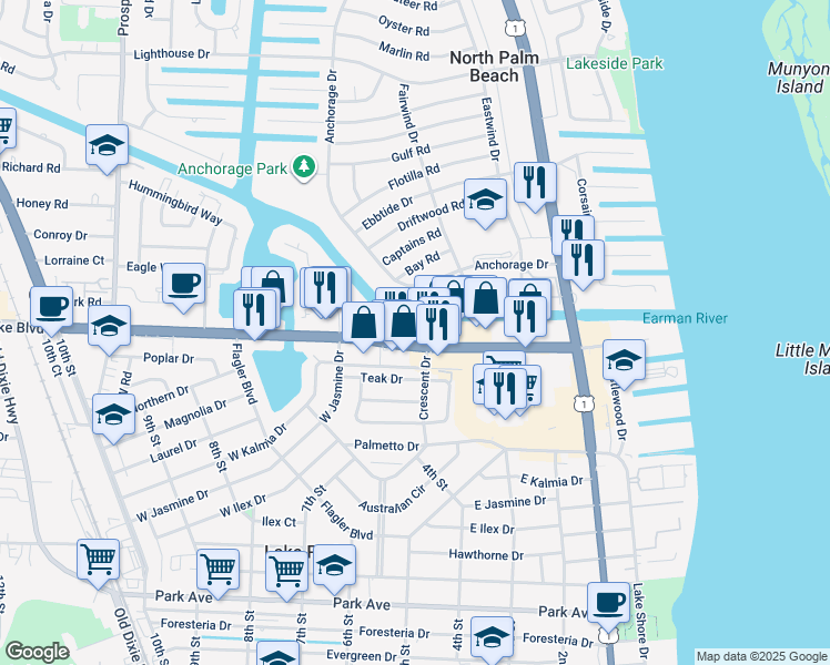 map of restaurants, bars, coffee shops, grocery stores, and more near 525 Northlake Boulevard in North Palm Beach