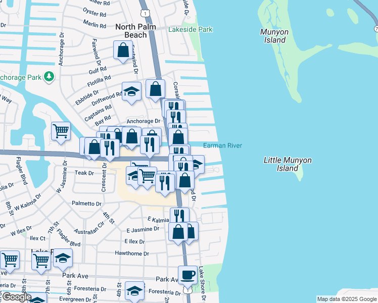 map of restaurants, bars, coffee shops, grocery stores, and more near 139 Shore Court in North Palm Beach