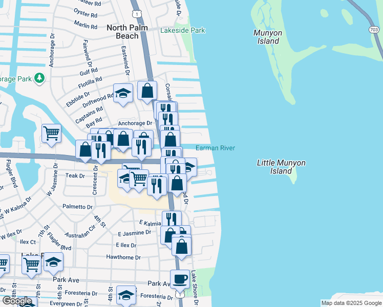 map of restaurants, bars, coffee shops, grocery stores, and more near 125 Shore Court in North Palm Beach