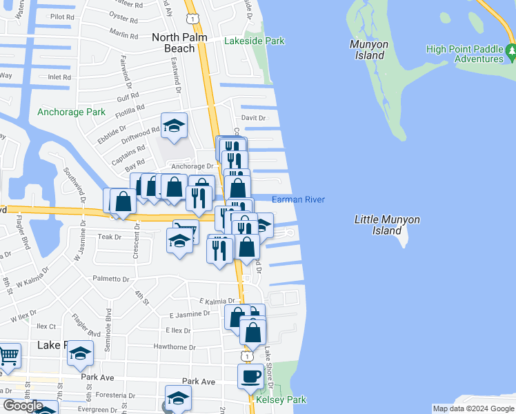 map of restaurants, bars, coffee shops, grocery stores, and more near 125 Shore Court in North Palm Beach