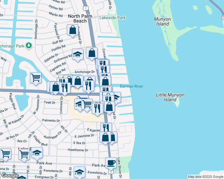 map of restaurants, bars, coffee shops, grocery stores, and more near 139 Shore Court in North Palm Beach