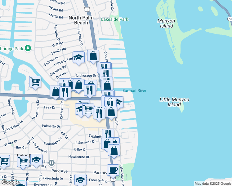 map of restaurants, bars, coffee shops, grocery stores, and more near 125 Shore Court in North Palm Beach