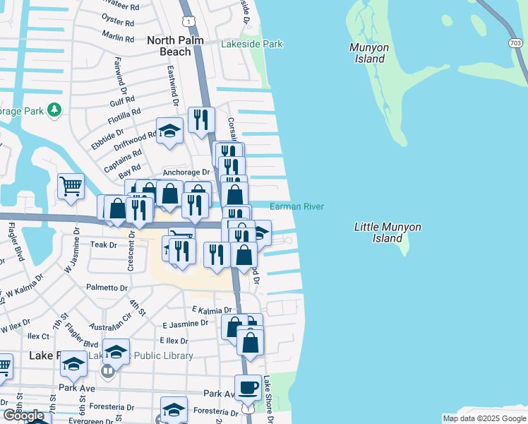 map of restaurants, bars, coffee shops, grocery stores, and more near 125 Shore Court in North Palm Beach