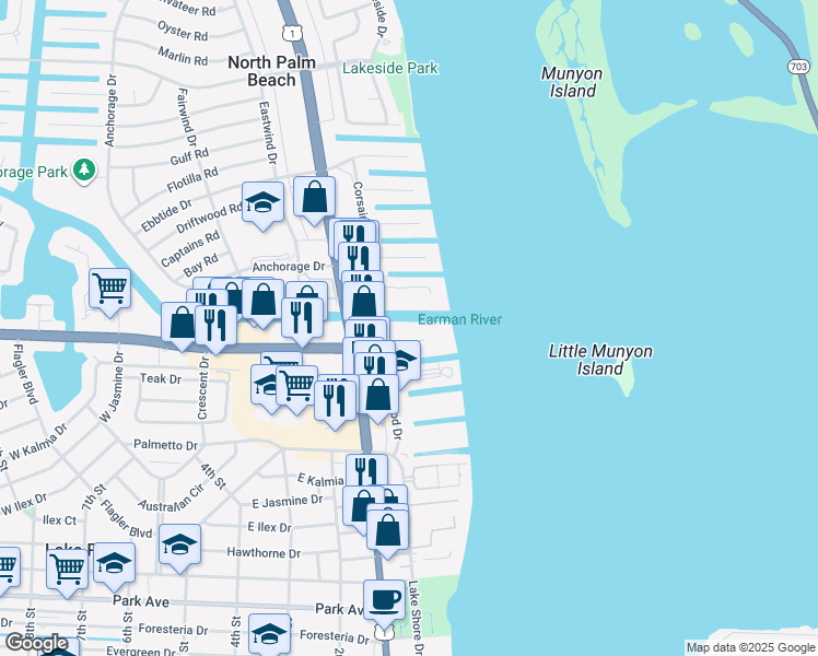 map of restaurants, bars, coffee shops, grocery stores, and more near 125 Shore Court in North Palm Beach