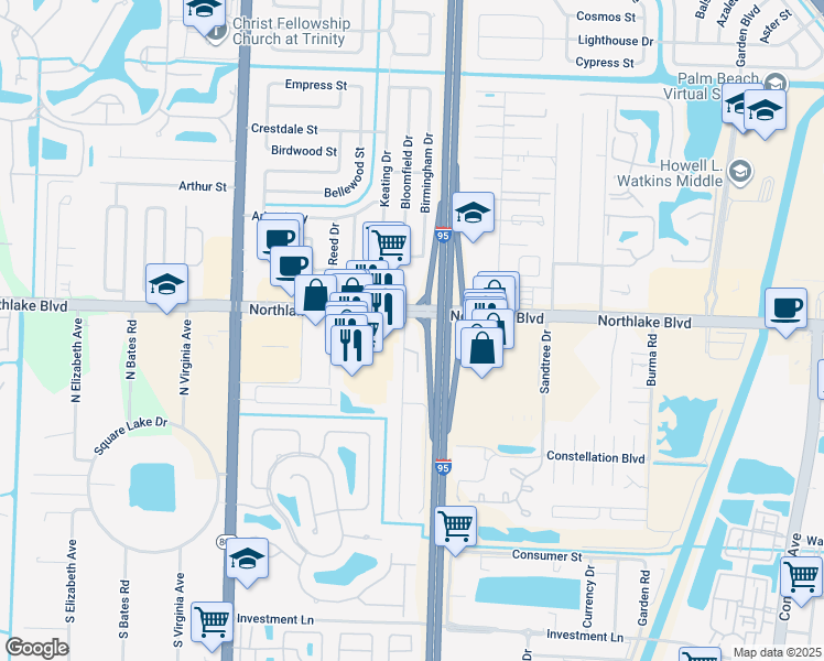 map of restaurants, bars, coffee shops, grocery stores, and more near 8955 Sunset Drive in Palm Beach Gardens