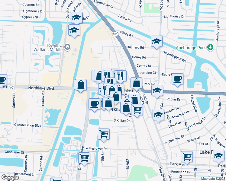 map of restaurants, bars, coffee shops, grocery stores, and more near 1530 Northlake Boulevard in Lake Park