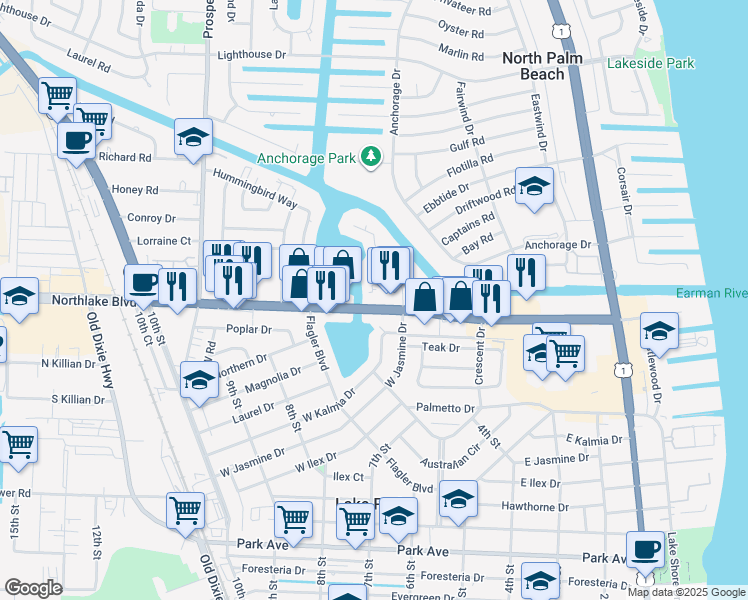 map of restaurants, bars, coffee shops, grocery stores, and more near 623 Florida 850 in North Palm Beach